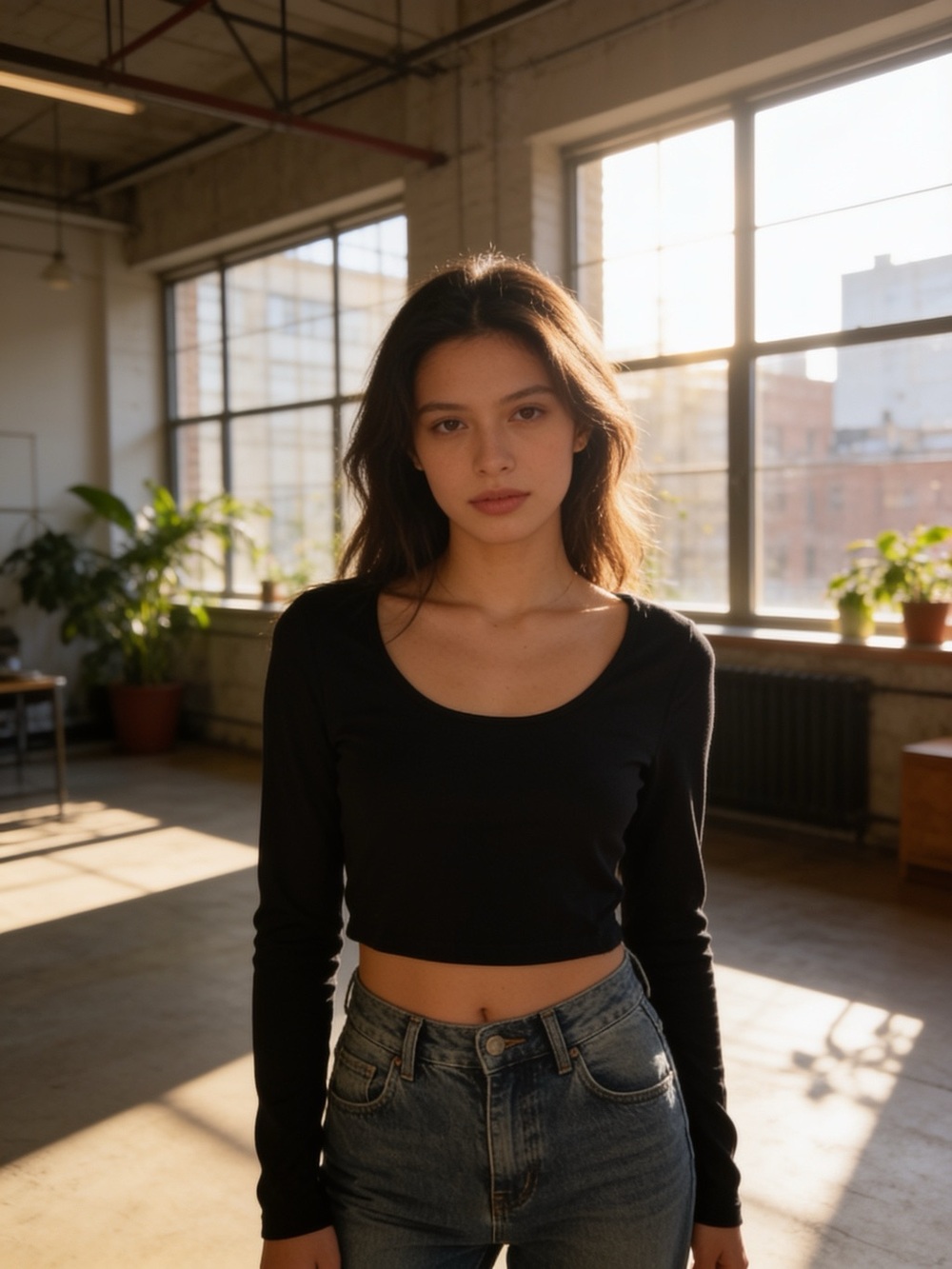OQQ Women’s Black Long Sleeve Scoop Neck Crop Top